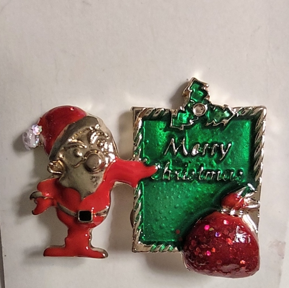 Santa with Bulletin Board & Toy Bag Christmas Brooch
